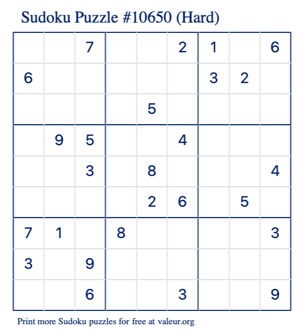 Free Printable Hard Sudoku Puzzle number 10650