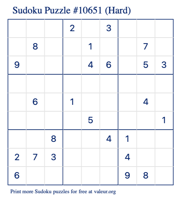 Free Printable Hard Sudoku Puzzle number 10651