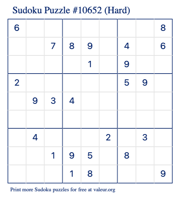Free Printable Hard Sudoku Puzzle number 10652