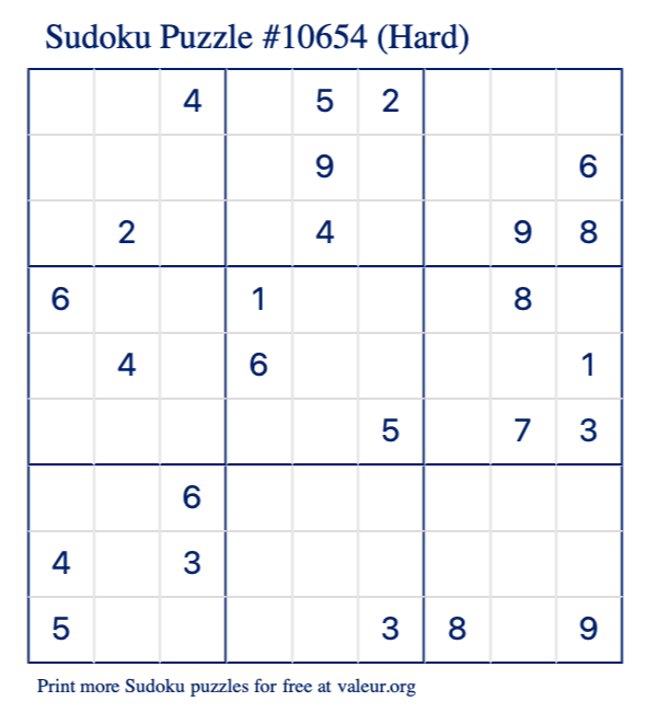 Free Printable Hard Sudoku Puzzle number 10654