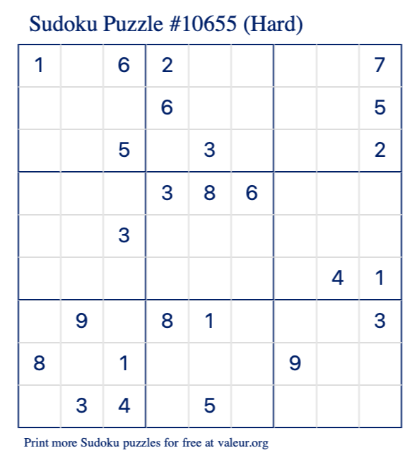 Free Printable Hard Sudoku Puzzle number 10655