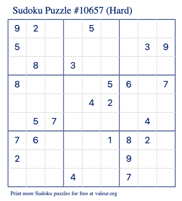 Free Printable Hard Sudoku Puzzle number 10657