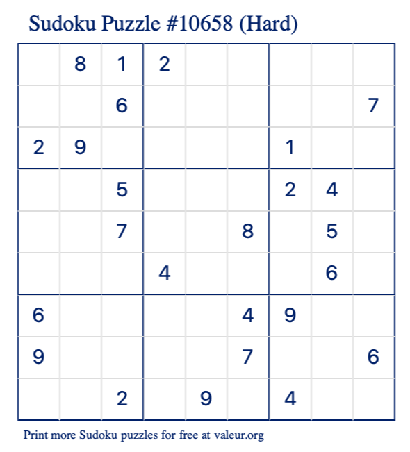 Free Printable Hard Sudoku Puzzle number 10658