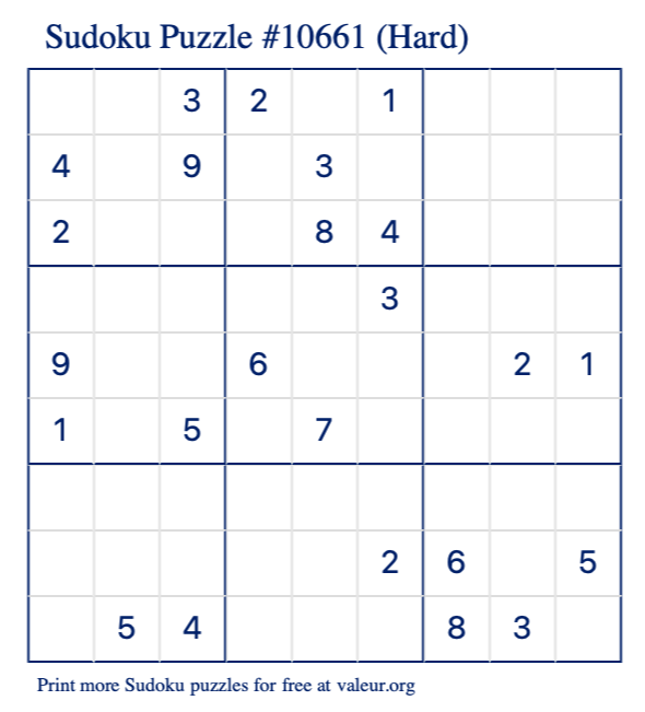 Free Printable Hard Sudoku Puzzle number 10661