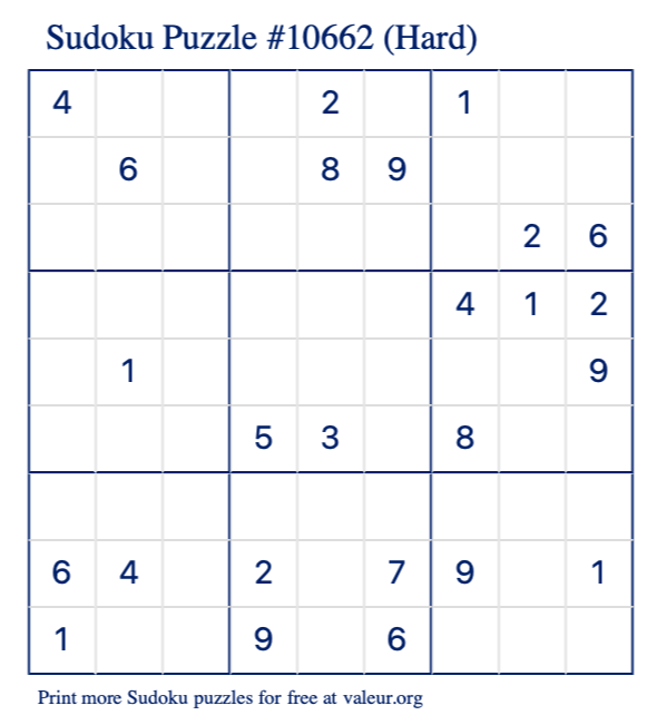 Free Printable Hard Sudoku Puzzle number 10662