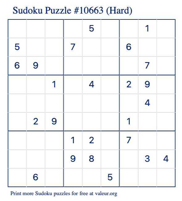 Free Printable Hard Sudoku Puzzle number 10663