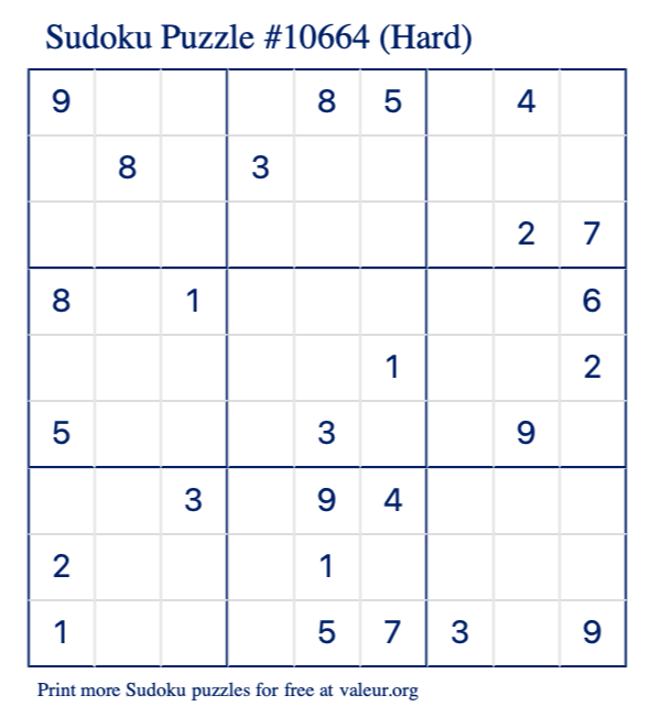 Free Printable Hard Sudoku Puzzle number 10664