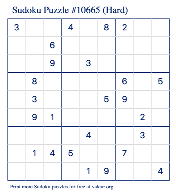 Free Printable Hard Sudoku Puzzle number 10665