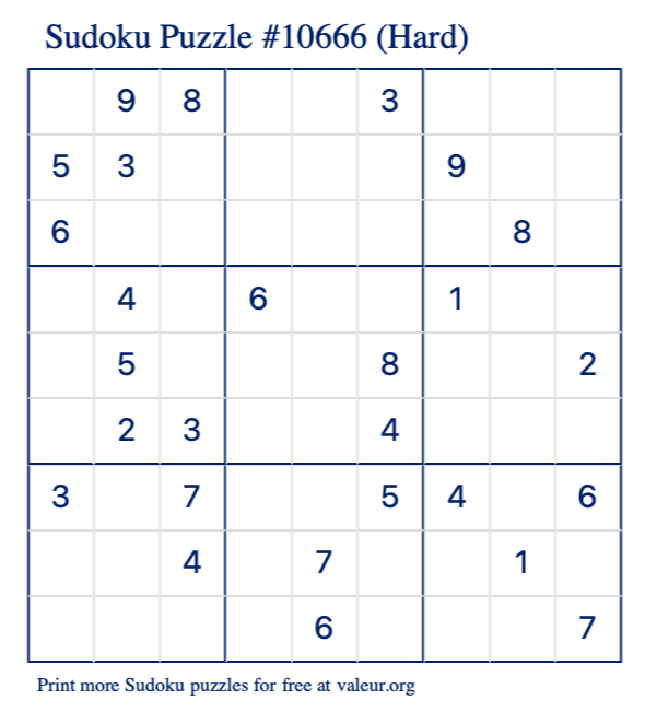 Free Printable Hard Sudoku Puzzle number 10666