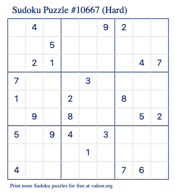 Free Printable Hard Sudoku Puzzle number 10667