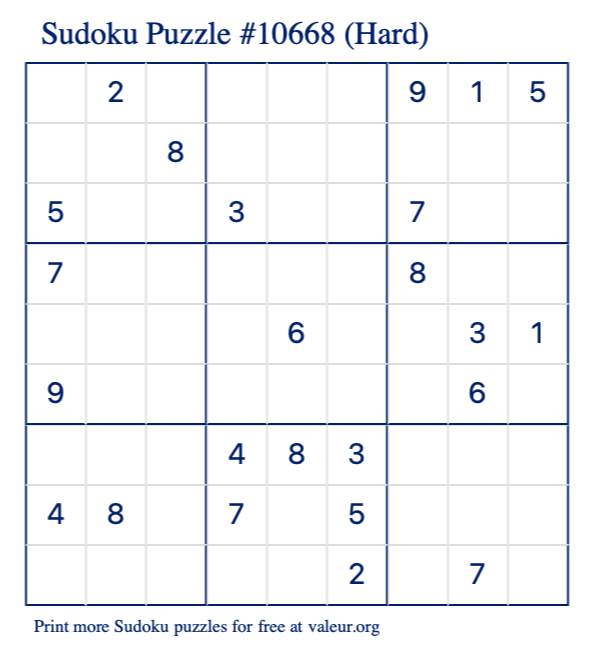 Free Printable Hard Sudoku Puzzle number 10668