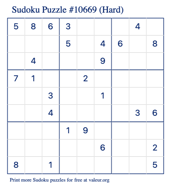 Free Printable Hard Sudoku Puzzle number 10669