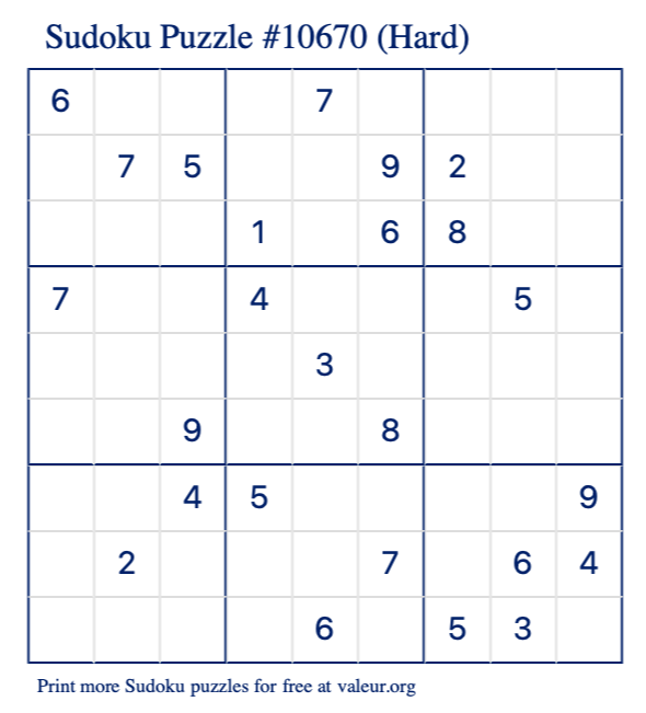 Free Printable Hard Sudoku Puzzle number 10670