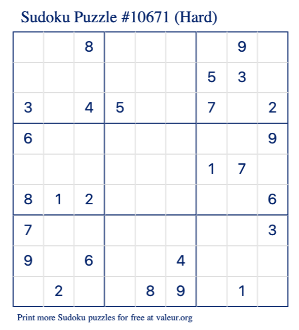 Free Printable Hard Sudoku Puzzle number 10671