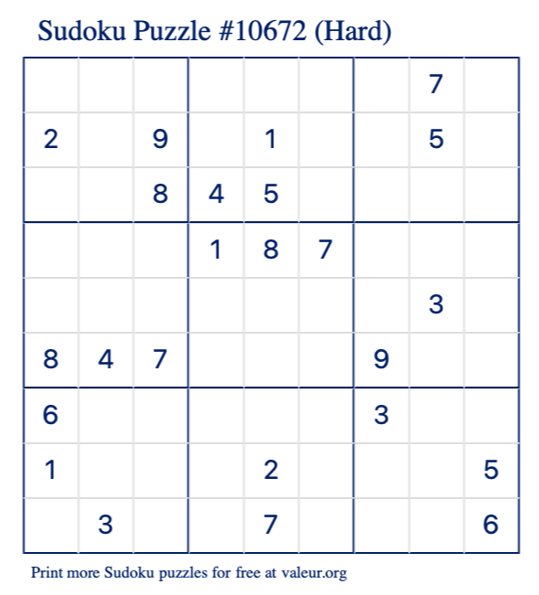 Free Printable Hard Sudoku Puzzle number 10672