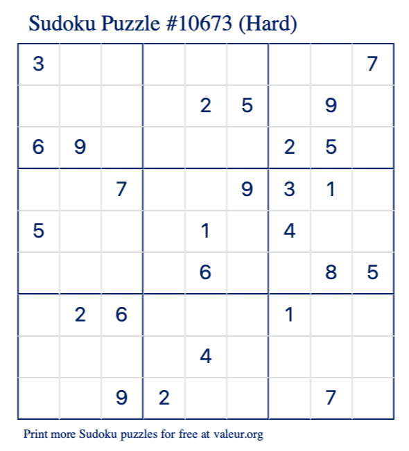 Free Printable Hard Sudoku Puzzle number 10673