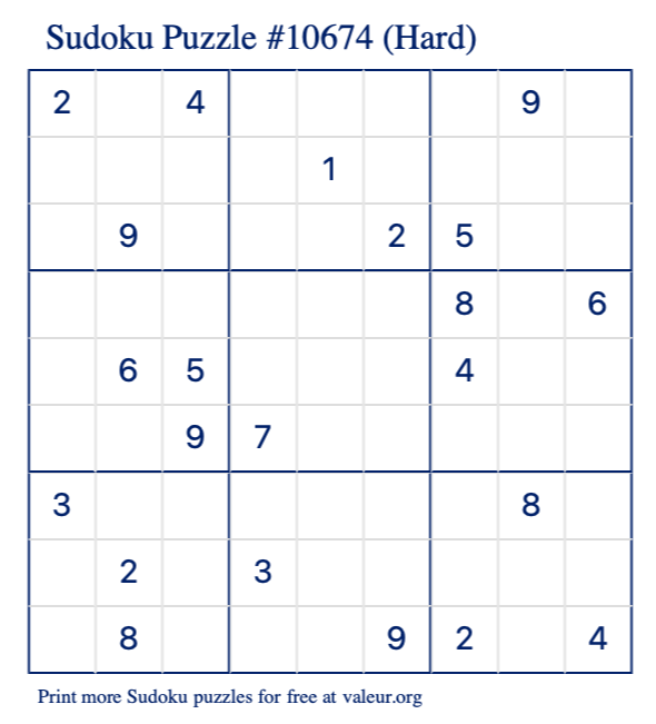 Free Printable Hard Sudoku Puzzle number 10674