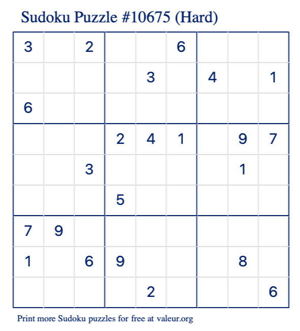 Free Printable Hard Sudoku Puzzle number 10675