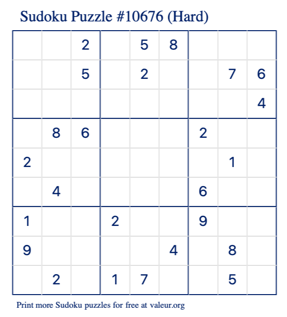 Free Printable Hard Sudoku Puzzle number 10676