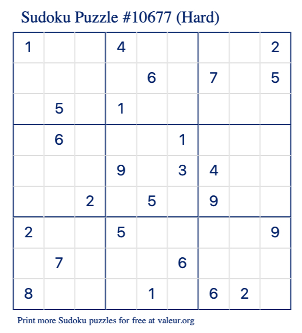 Free Printable Hard Sudoku Puzzle number 10677