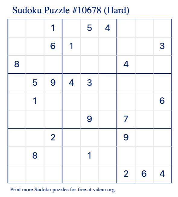 Free Printable Hard Sudoku Puzzle number 10678