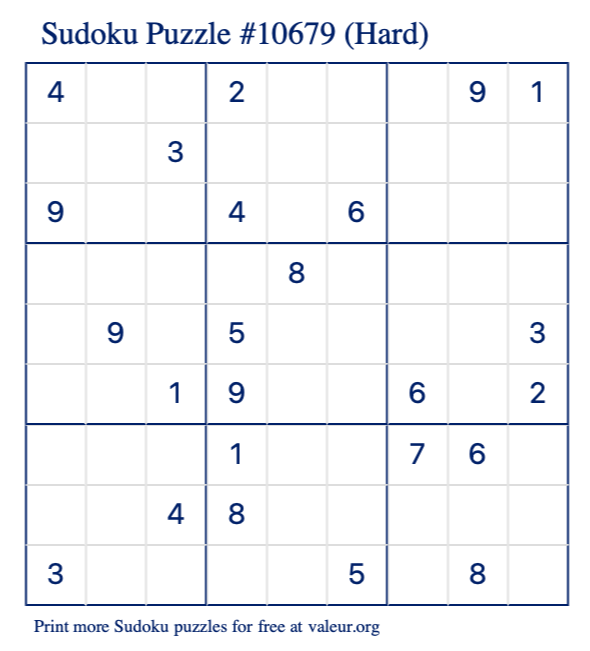 Free Printable Hard Sudoku Puzzle number 10679