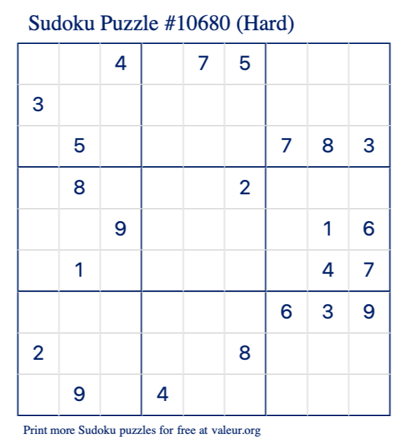 Free Printable Hard Sudoku Puzzle number 10680