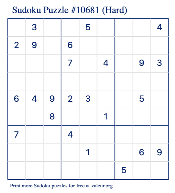 Free Printable Hard Sudoku Puzzle number 10681