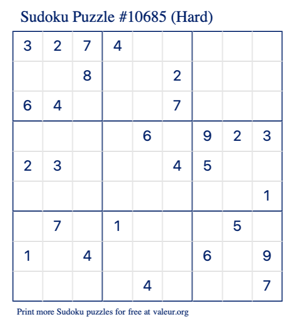 Free Printable Hard Sudoku Puzzle number 10685