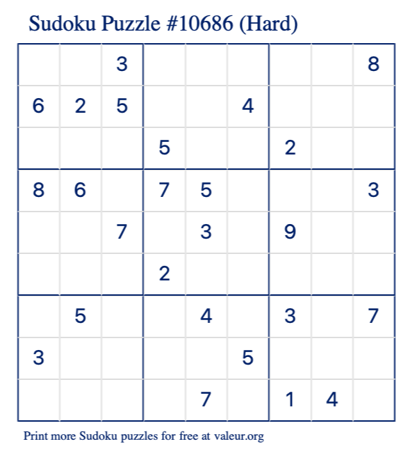 Free Printable Hard Sudoku Puzzle number 10686