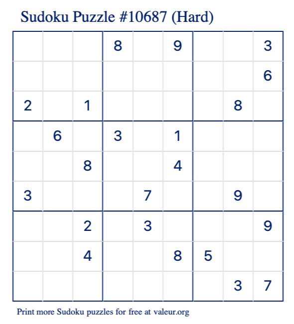 Free Printable Hard Sudoku Puzzle number 10687