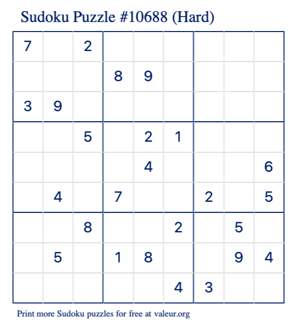 Free Printable Hard Sudoku Puzzle number 10688