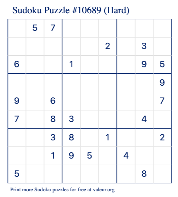 Free Printable Hard Sudoku Puzzle number 10689