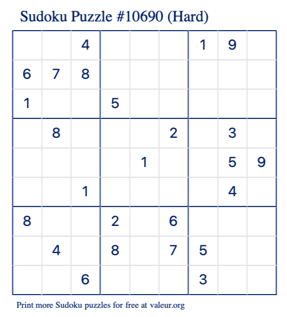 Free Printable Hard Sudoku Puzzle number 10690