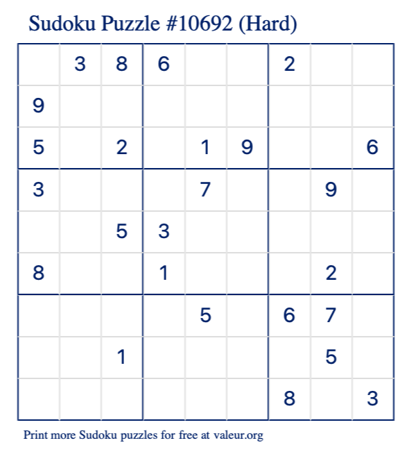 Free Printable Hard Sudoku Puzzle number 10692