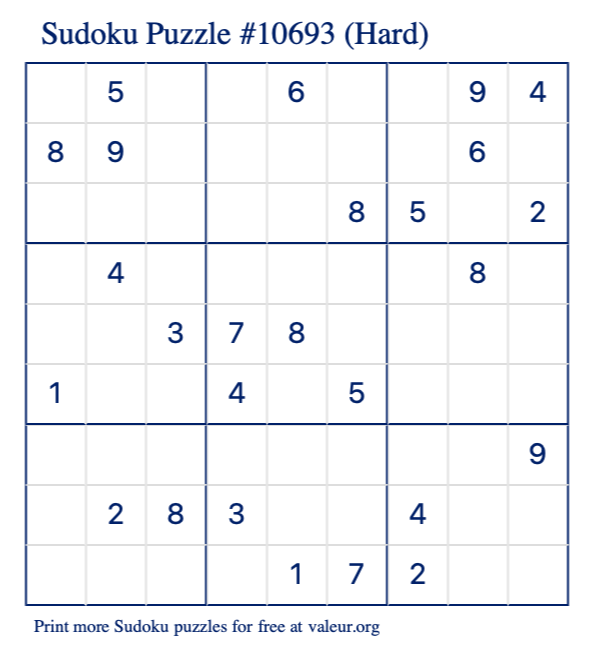 Free Printable Hard Sudoku Puzzle number 10693