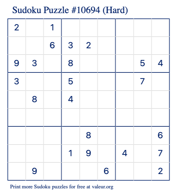 Free Printable Hard Sudoku Puzzle number 10694