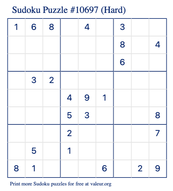 Free Printable Hard Sudoku Puzzle number 10697