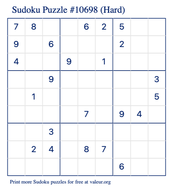 Free Printable Hard Sudoku Puzzle number 10698