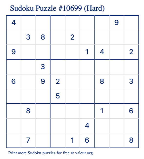 Free Printable Hard Sudoku Puzzle number 10699