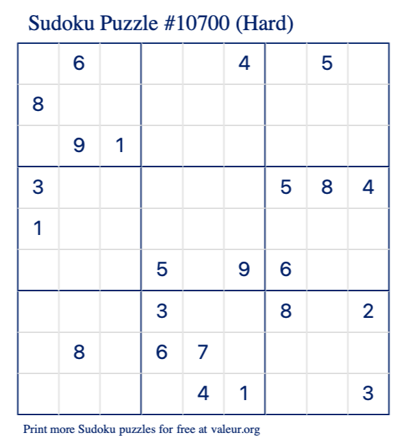 Free Printable Hard Sudoku Puzzle number 10700