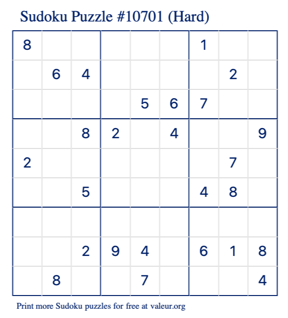 Free Printable Hard Sudoku Puzzle number 10701