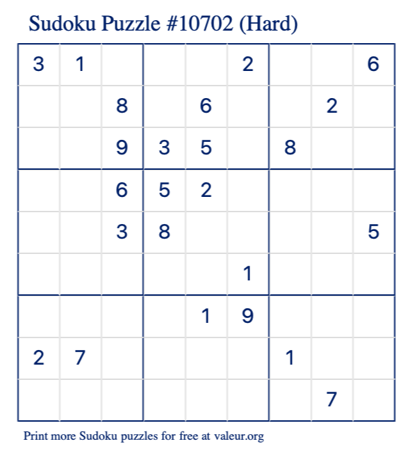 Free Printable Hard Sudoku Puzzle number 10702