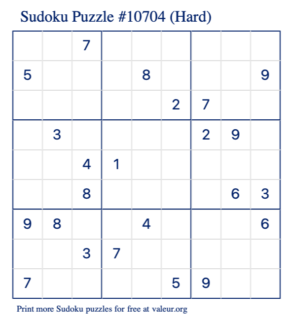 Free Printable Hard Sudoku Puzzle number 10704