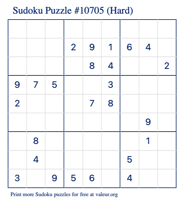 Free Printable Hard Sudoku Puzzle number 10705