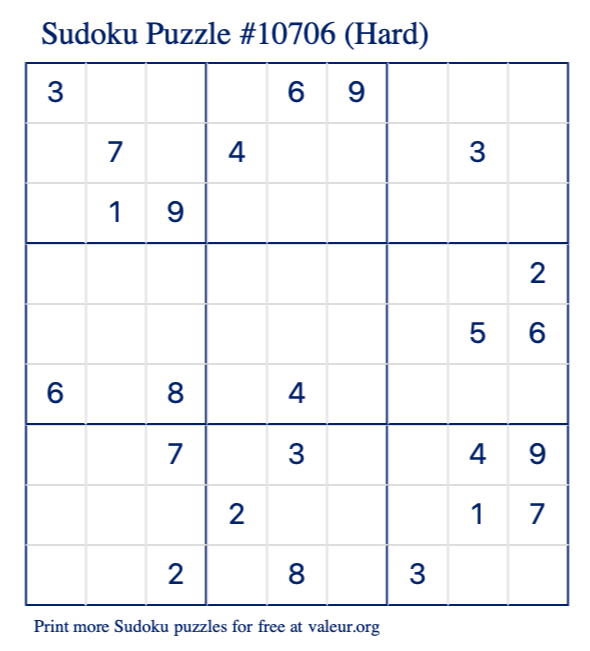 Free Printable Hard Sudoku Puzzle number 10706