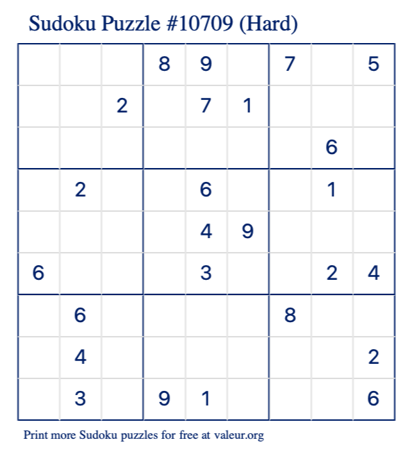 Free Printable Hard Sudoku Puzzle number 10709