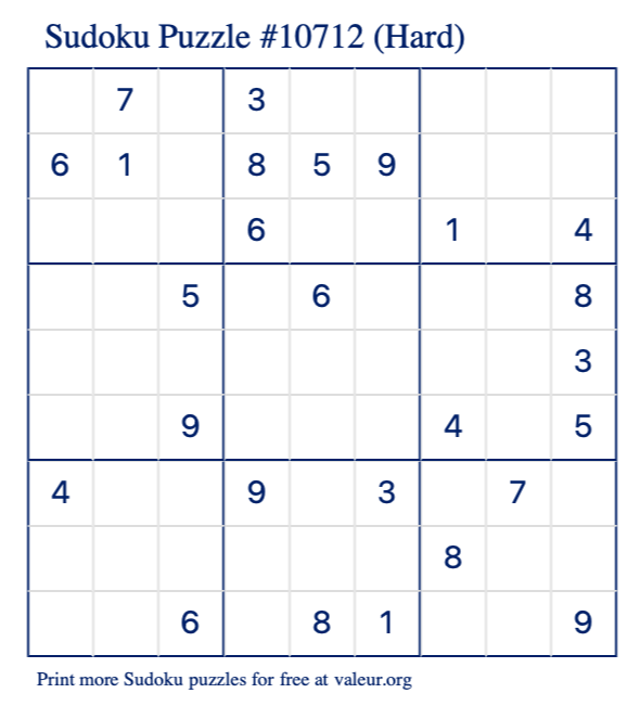 Free Printable Hard Sudoku Puzzle number 10712