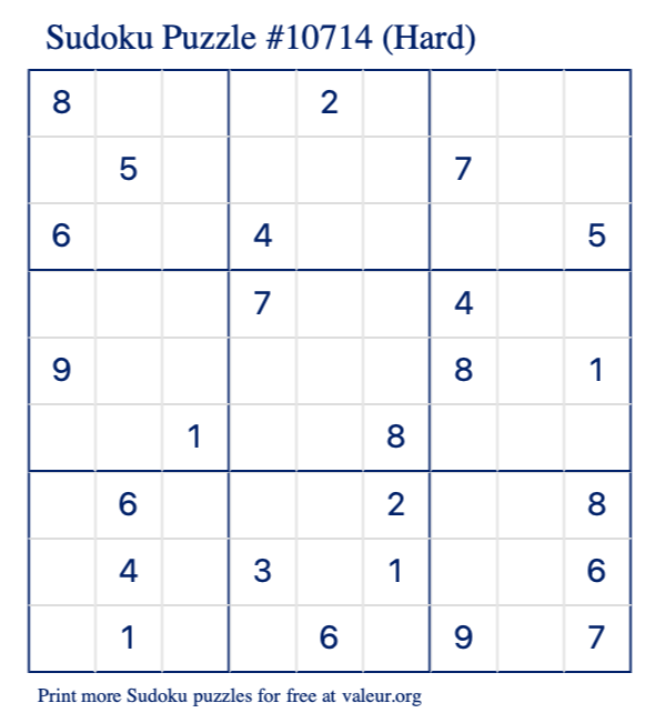 Free Printable Hard Sudoku Puzzle number 10714