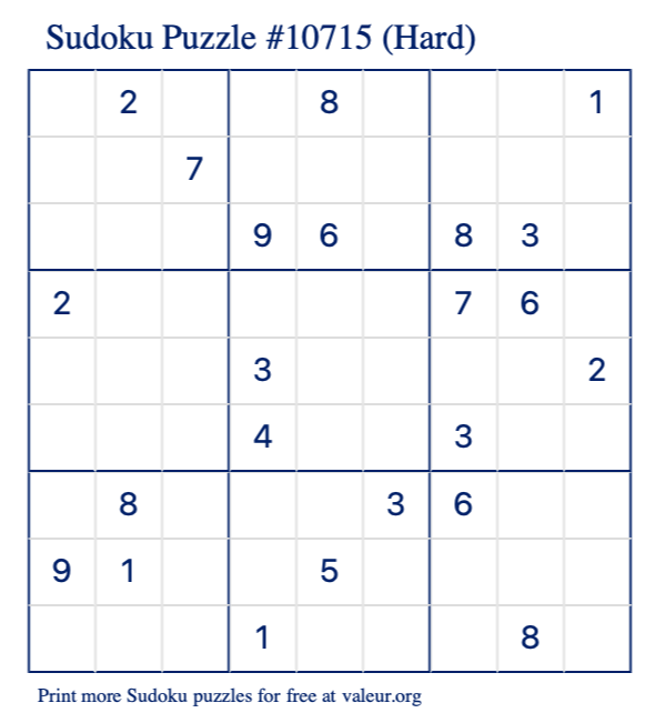 Free Printable Hard Sudoku Puzzle number 10715